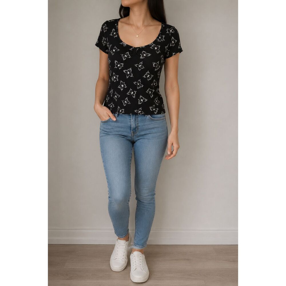 Orange Kiss Butterfly Print Scoop Neck Y2K Stretch Top Plus Size 1X